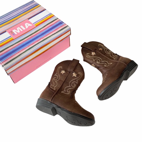 new Mia ☀︎ ︎Vegan Leather Cowboy Boots ☀︎︎ Cognac + Metallic Gold ☀︎ Toddler 5 - Picture 6 of 16